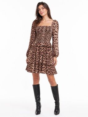 Figue Marcella Women’s Gold Leopard Smocked Puff Sleeve Tiered Mini Dress XS NWT
